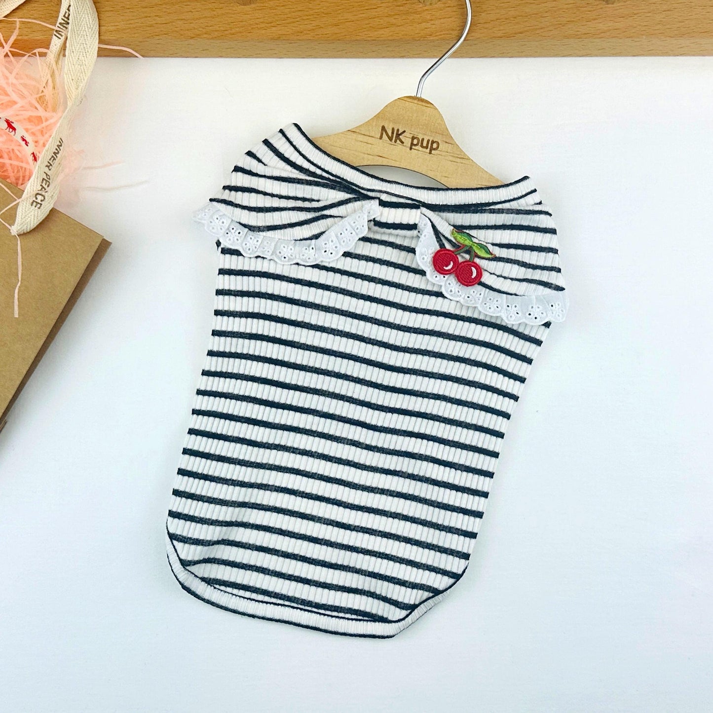 Cherry Lace Stripe Tee, S-3XL, Small Dog Clothes, Dog Summer Knit, Dog Fashion, Dog Top, Gift for Furry Friends, NKPUP - NKpup