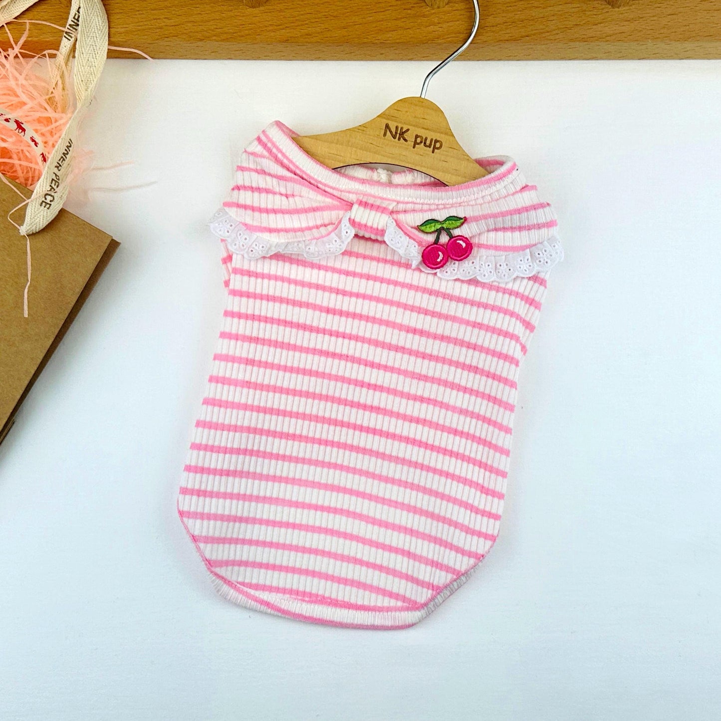 Cherry Lace Stripe Tee, S-3XL, Small Dog Clothes, Dog Summer Knit, Dog Fashion, Dog Top, Gift for Furry Friends, NKPUP - NKpup
