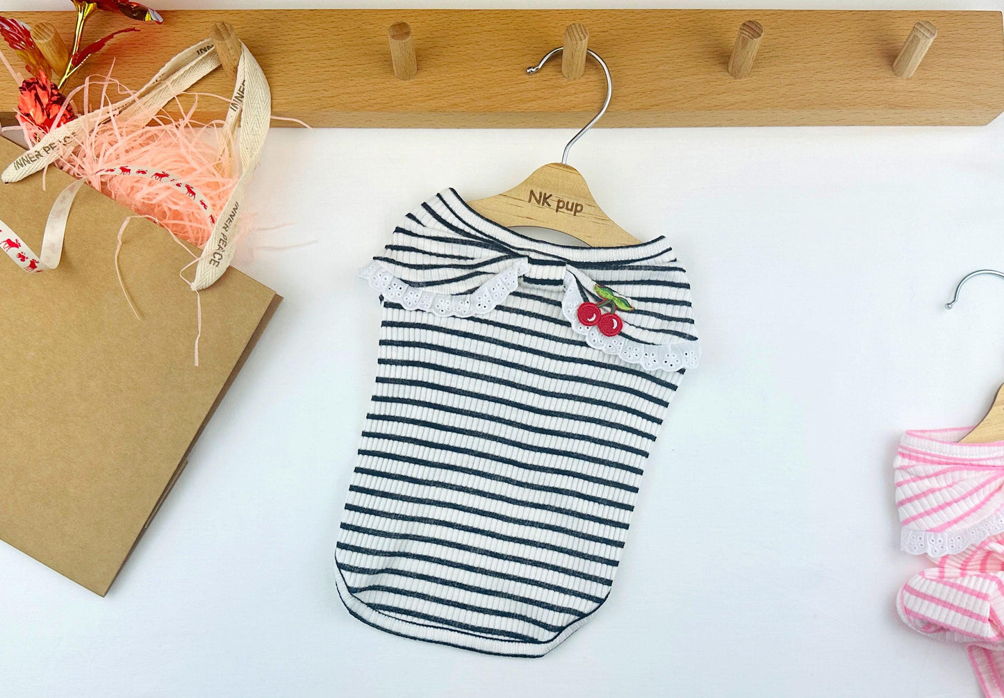 Cherry Lace Stripe Tee, S-3XL, Small Dog Clothes, Dog Summer Knit, Dog Fashion, Dog Top, Gift for Furry Friends, NKPUP - NKpup