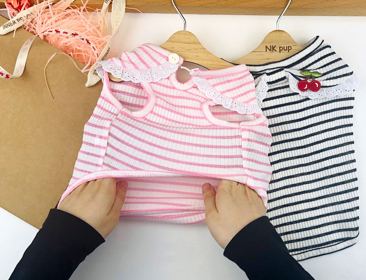 Cherry Lace Stripe Tee, S-3XL, Small Dog Clothes, Dog Summer Knit, Dog Fashion, Dog Top, Gift for Furry Friends, NKPUP - NKpup