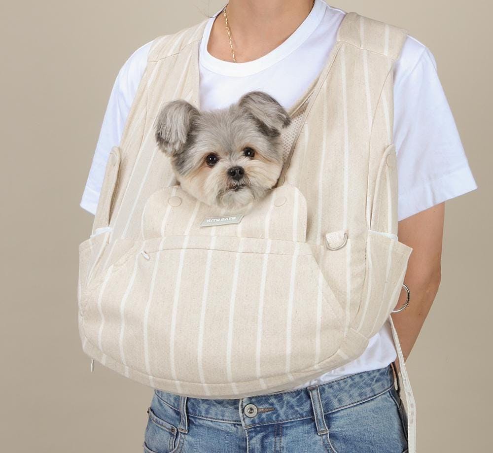 Pet Front Carrier, Cotton, Linen, Up to 18lbs, Adjustable Hands Free Front Facing Dog Pouch, Side Window, Safety Hook, Pocket, Pet Out Door - NKpup