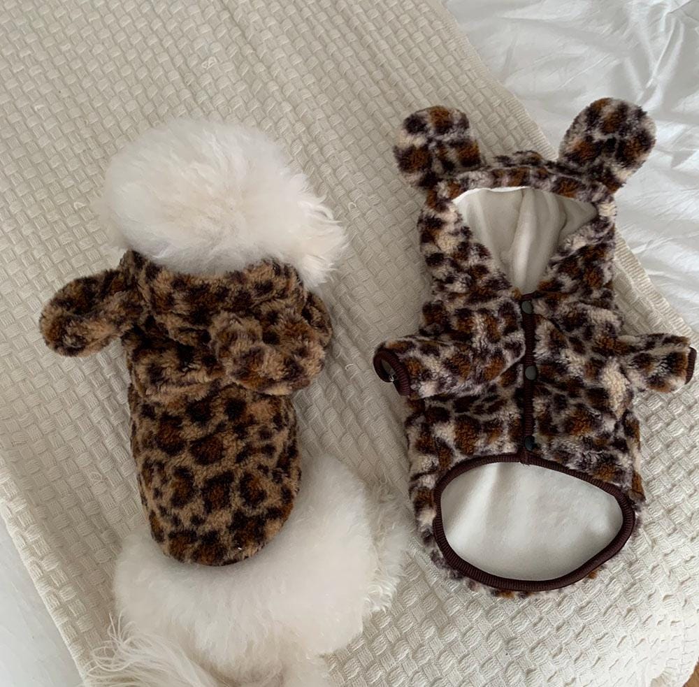 Fuzzy Leopard Bear Hoodie, S-2XL, Small Dog Clothes, Dog Winter Cozy Outfit, Dog Sweater, Gift for Furry Friends, NKPUP - NKpup