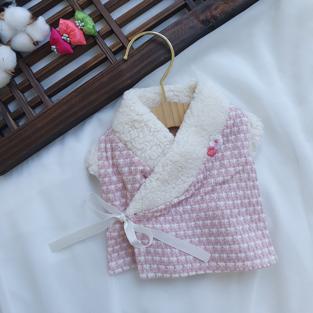 Pink and white houndstooth fur pet hanbok vest with white faux fur trim and ribbon tie