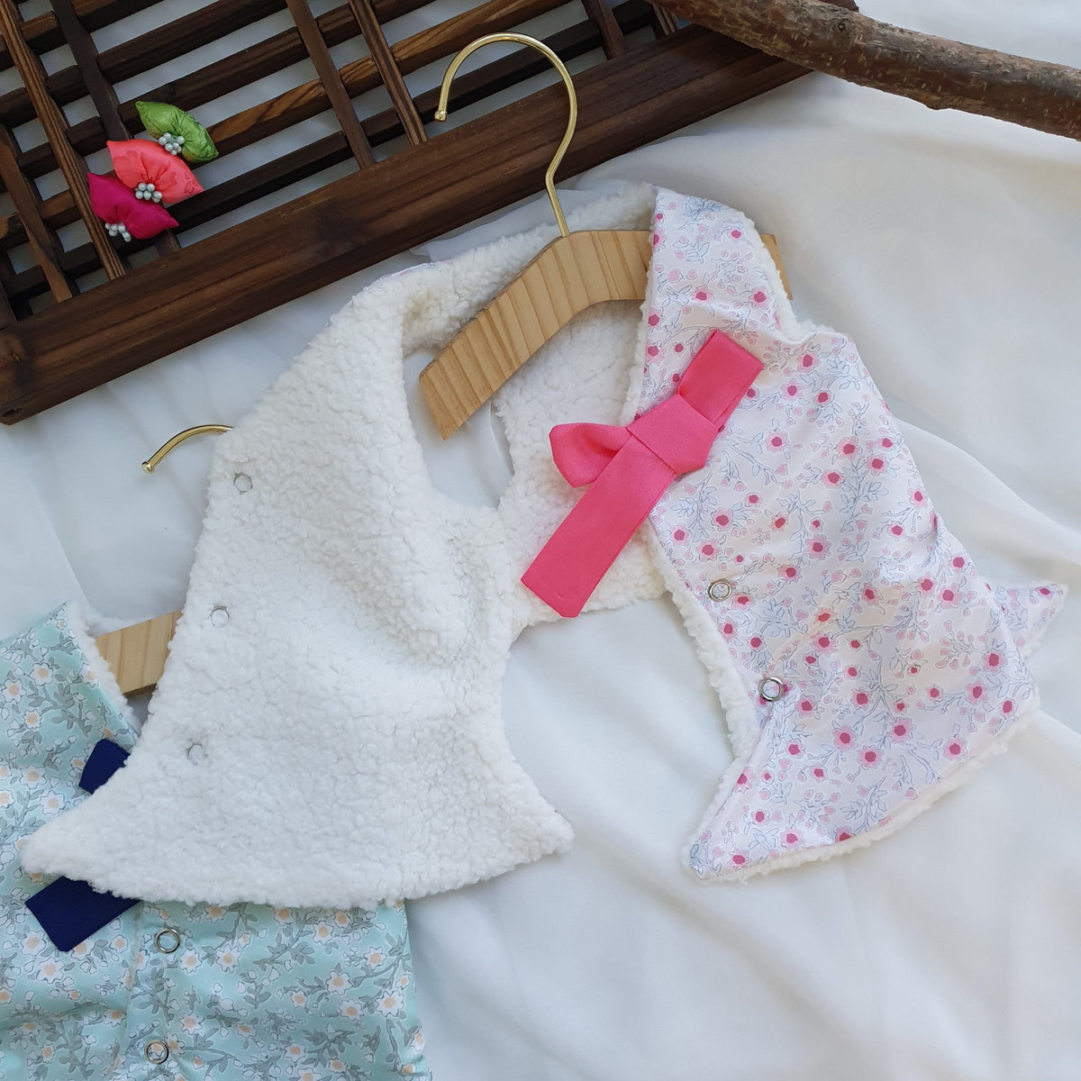 Floral fleece pet hanbok vest with pink bow and white sherpa lining