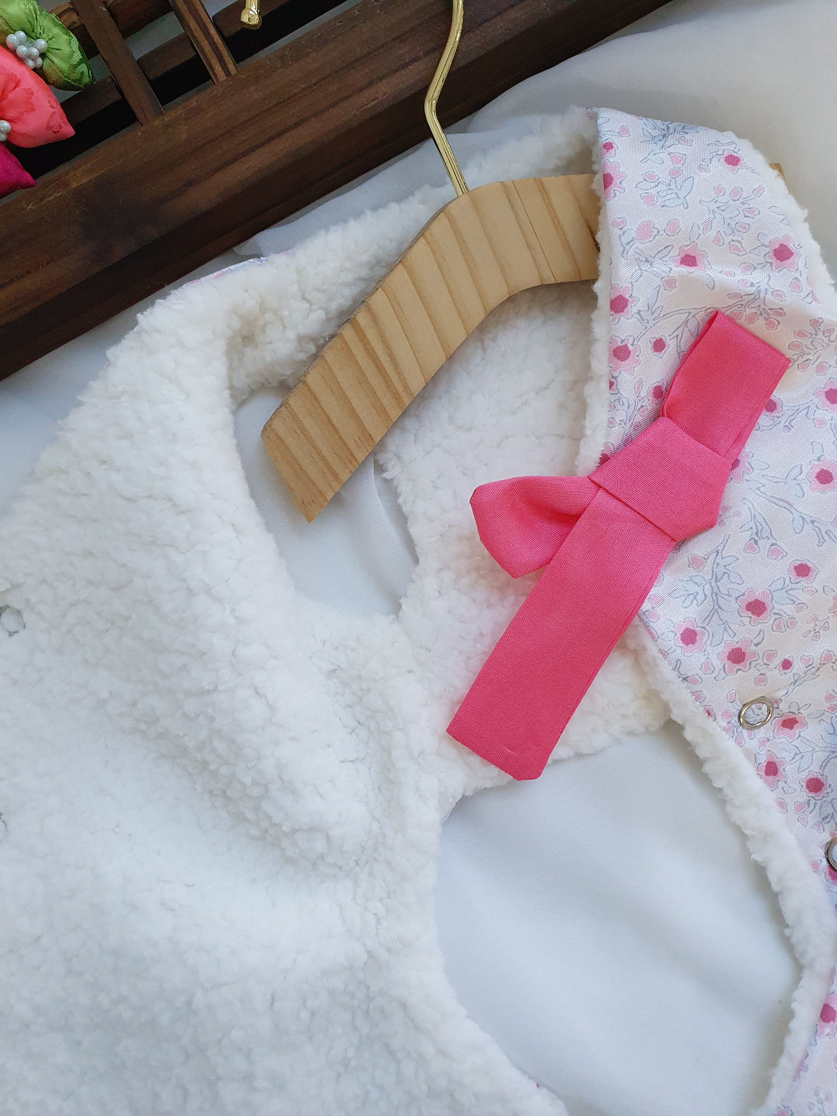 Floral fleece pet hanbok vest with a pink bow detail by NKpup