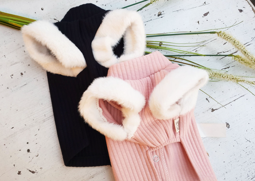Black and pink cotton ribbed vest pet hanbok with white faux fur ears