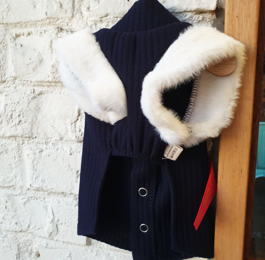Navy blue cotton ribbed pet hanbok vest with white faux fur trim