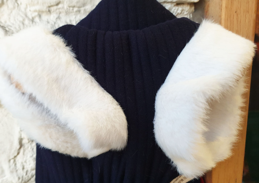 Navy blue cotton ribbed pet hanbok vest with white faux fur trim