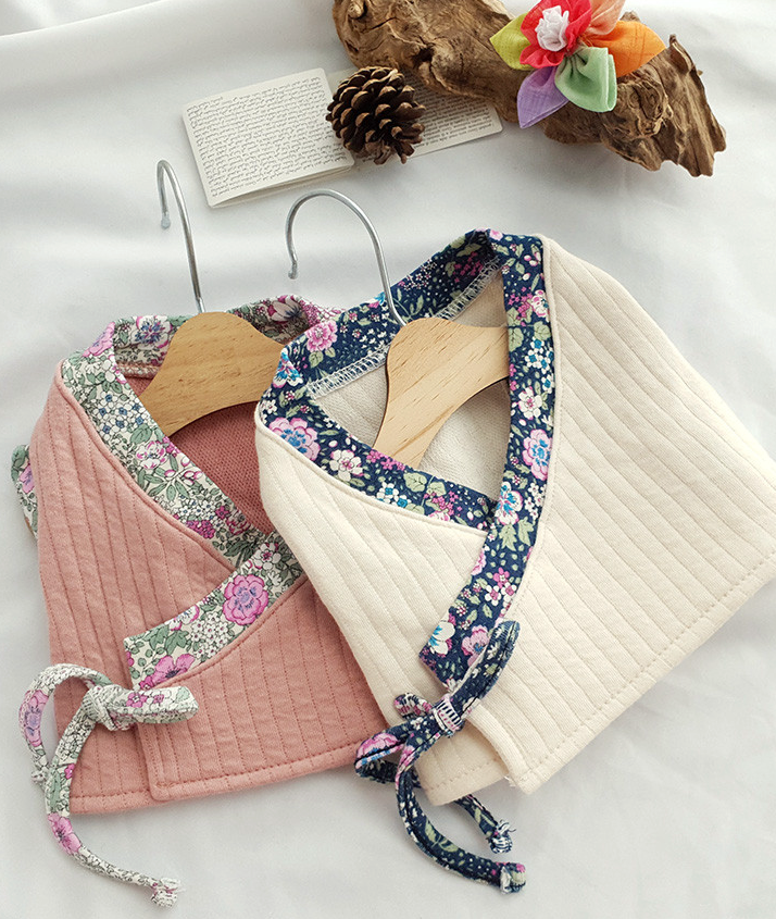 NKpup Floral Ribbed Modern Pet Hanbok in pink and cream with floral patterned trim.