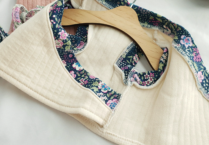 Floral ribbed modern pet hanbok in cream with blue floral pattern trim by NKpup