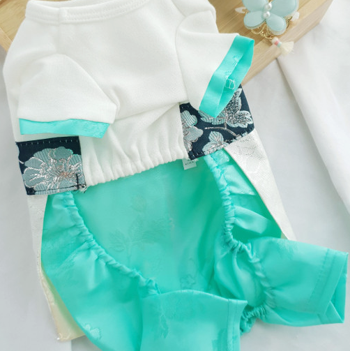 White and mint green pet hanbok with silver floral embroidery
