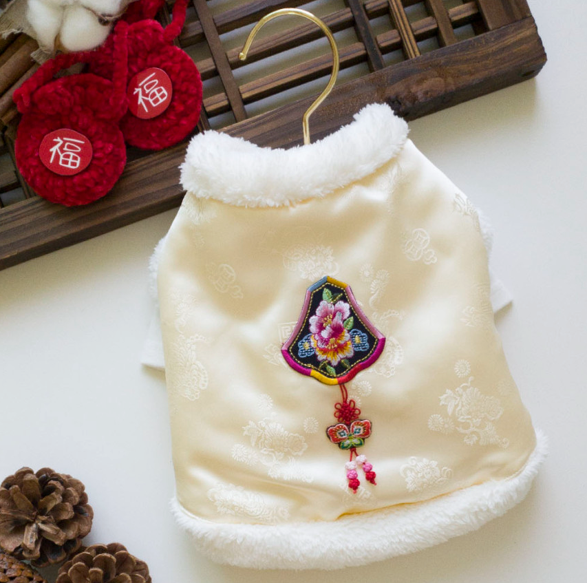 Cream faux fur vest pet hanbok with floral embroidery and decorative norigae