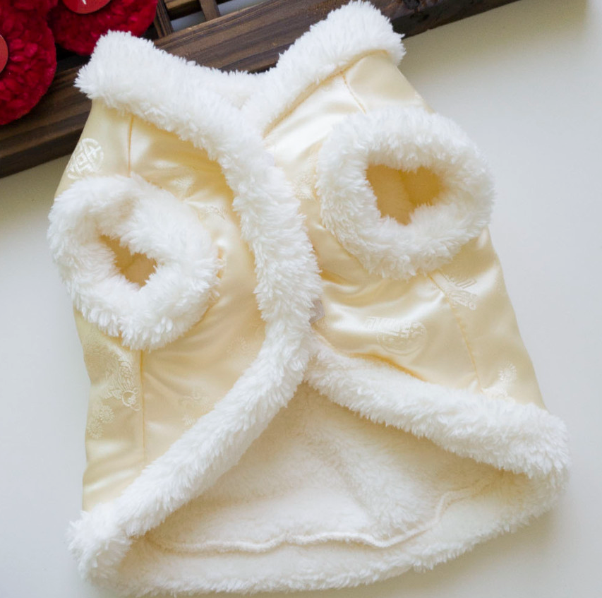 Cream-colored NKpup Faux Fur Vest Pet Hanbok with white plush trim