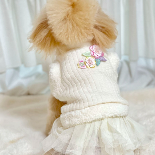 White Fur Floral Quilted Vest Pet Hanbok with floral embroidery and tulle skirt