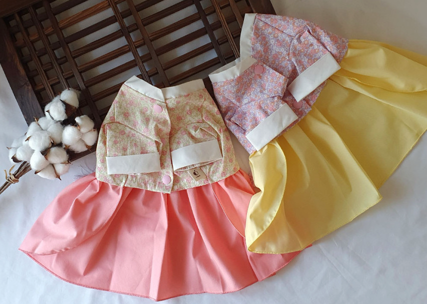 NKpup Floral Bow Pet Hanbok in pink and yellow color options