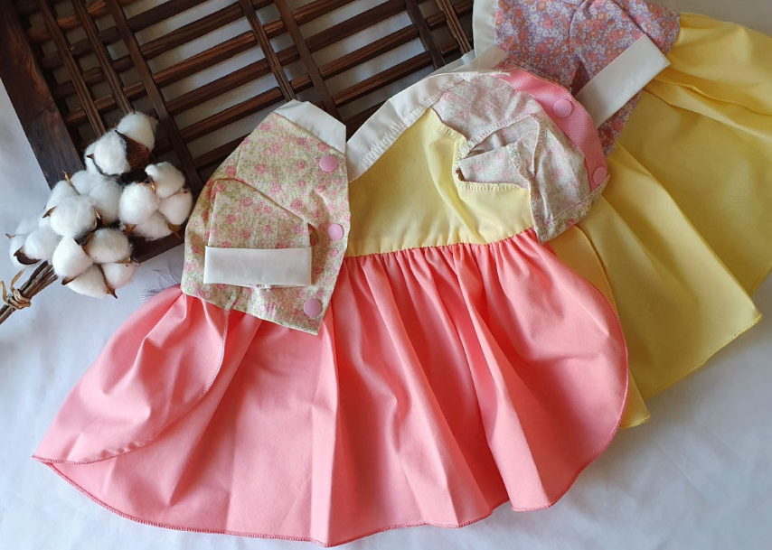 NKpup Floral Bow Pet Hanbok in pink and yellow with floral patterns