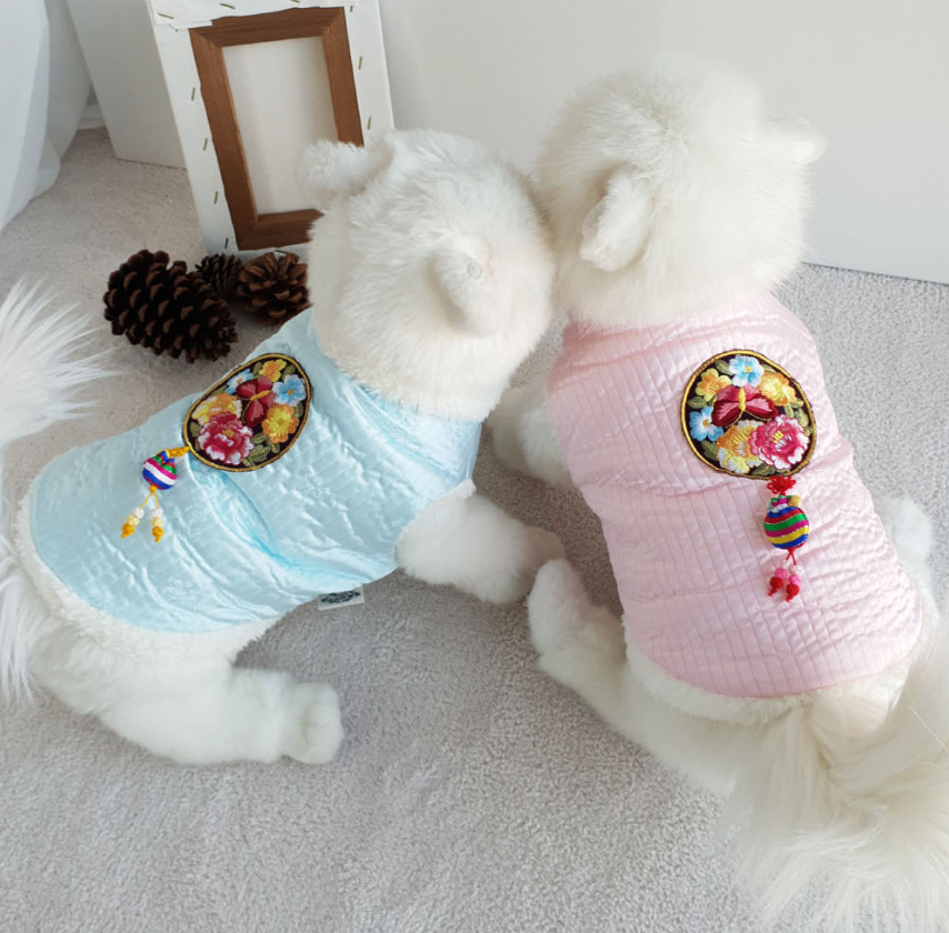 NKpup pastel blue and pink quilted vest pet hanbok with floral embroidery and norigae tassels