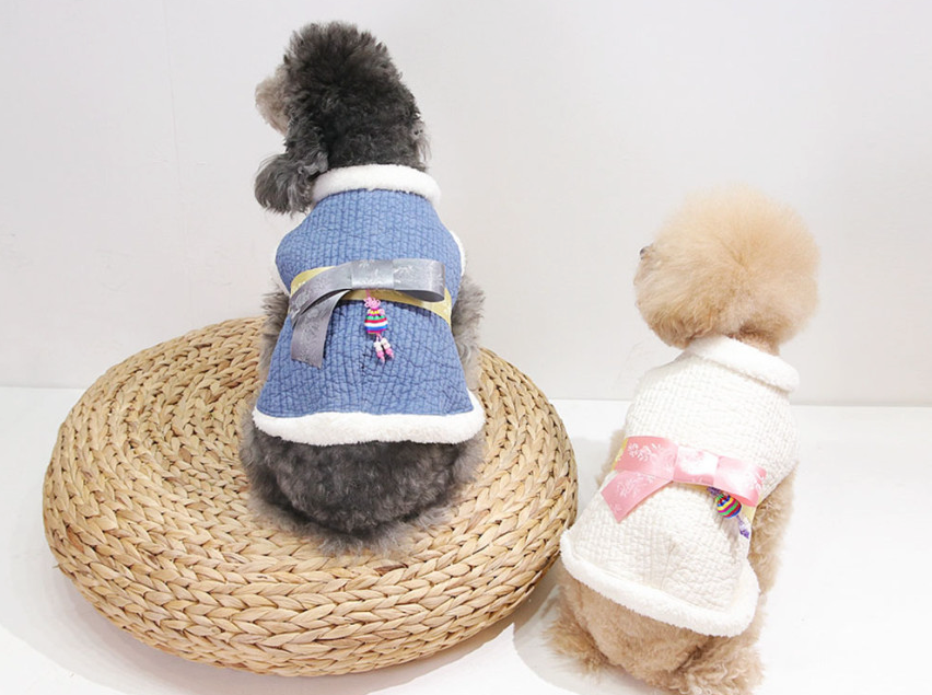 NKpup Cotton Quilted Vest Pet Hanbok in blue and white with decorative norigae tassels