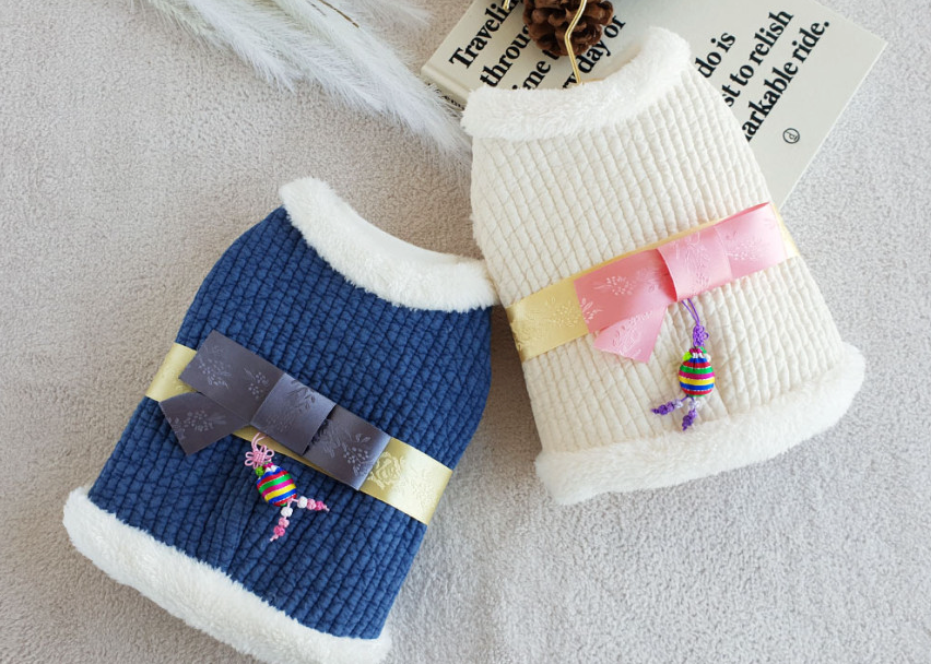 NKpup cotton quilted vest pet hanbok in navy blue and ivory white with traditional norigae charms
