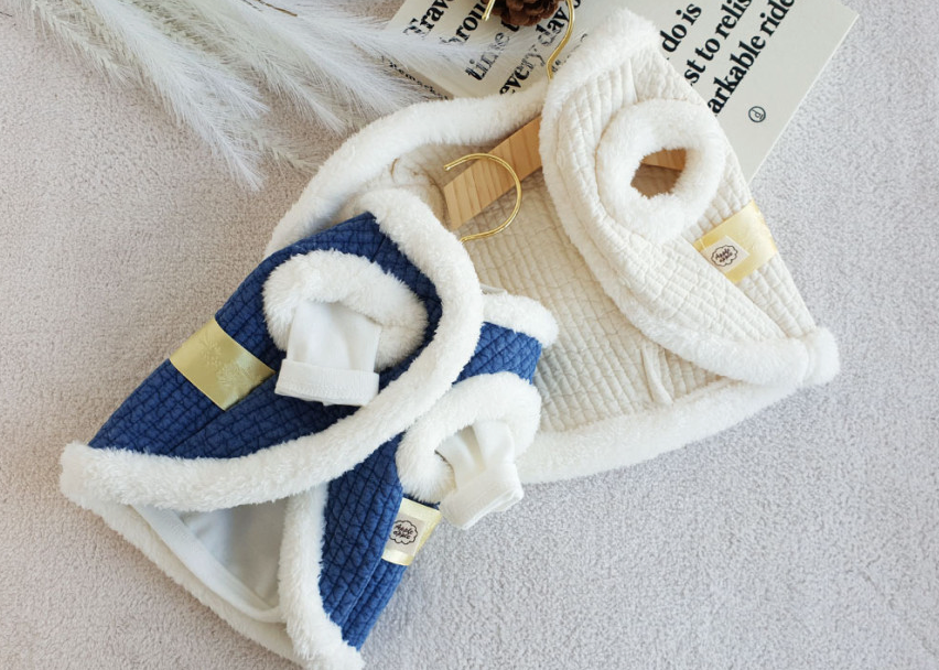 Blue and cream NKpup cotton quilted vest pet hanboks with white faux fur trim