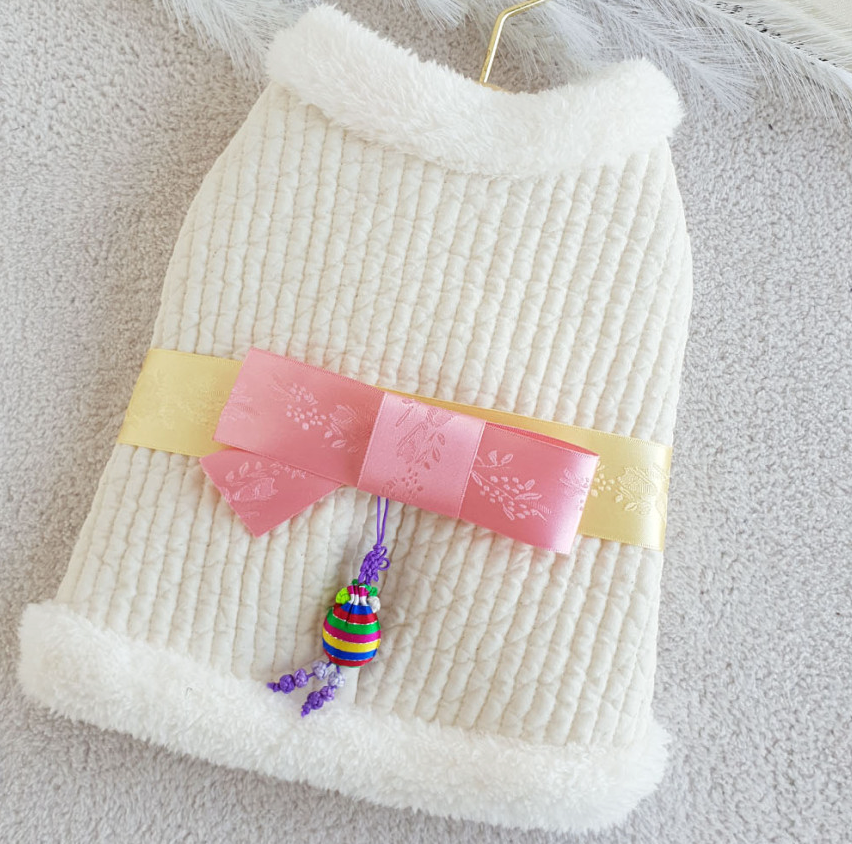 NKpup white cotton quilted vest pet hanbok with pink bow and traditional norigae ornament