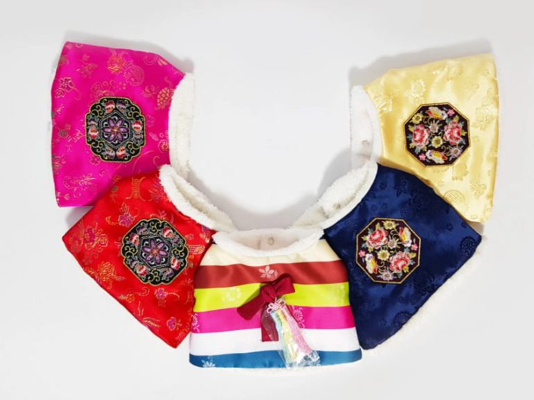 NKpup Korean Traditional Embroidery Vest Pet Hanbok in pink, red, yellow, blue, and multicolored stripes