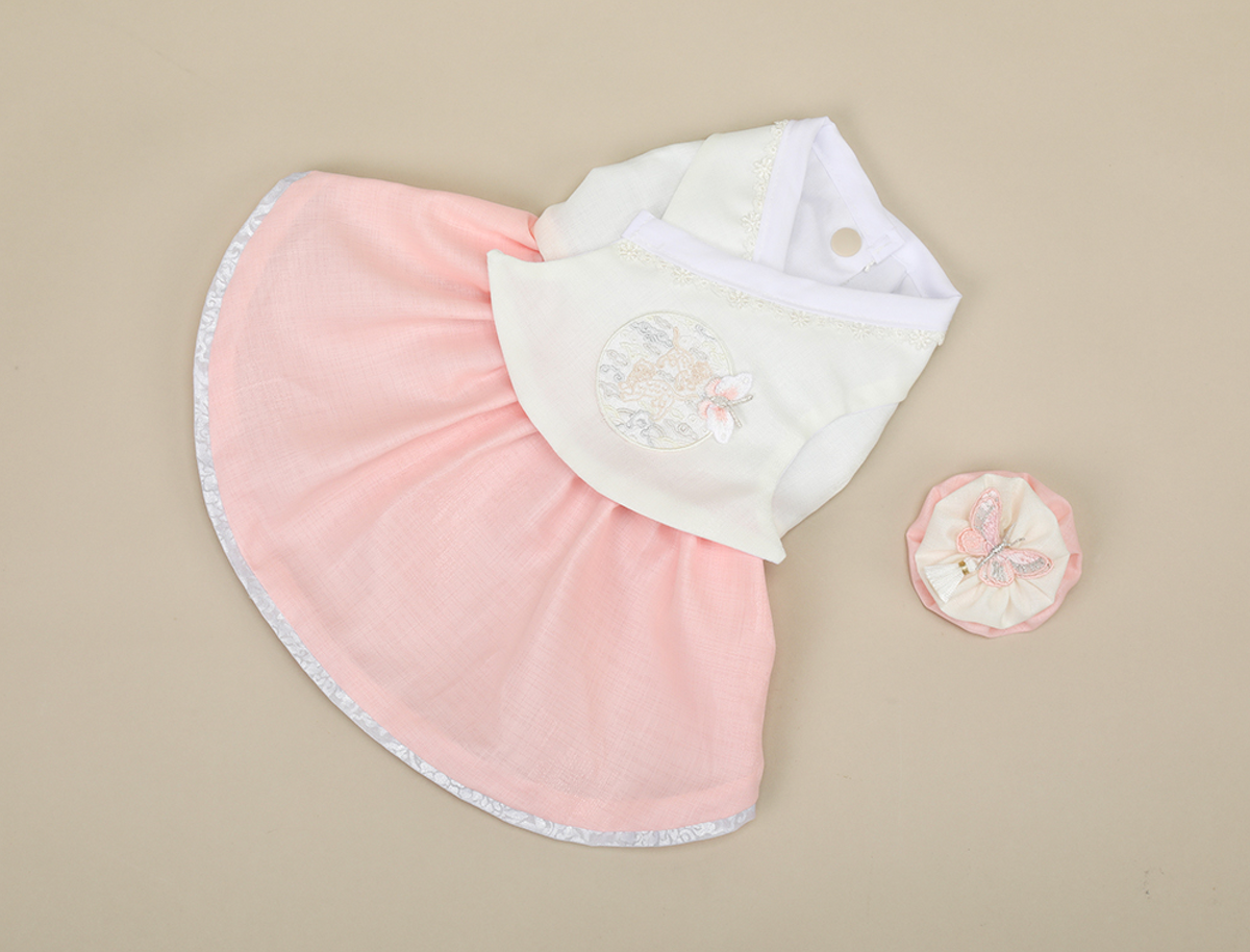 NKpup Princess Pink Pet Hanbok with a white jeogori, pink skirt, and matching hair accessory