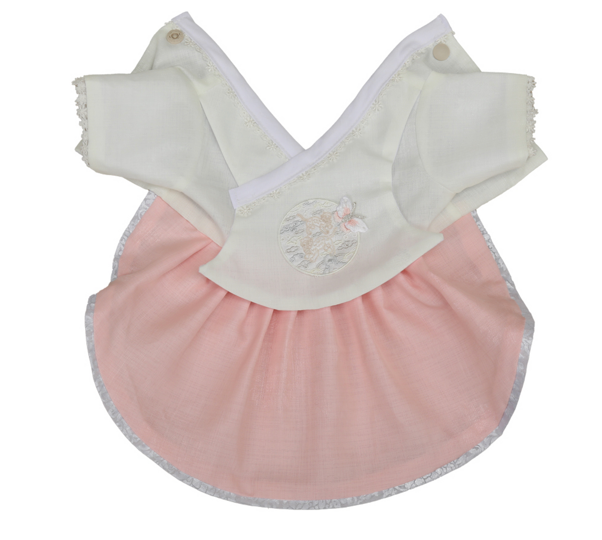 NKpup Princess Pink Pet Hanbok featuring a white jeogori with embroidery and a pink skirt.