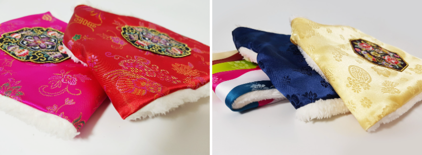NKpup Korean Traditional Embroidery Vest Pet Hanbok in pink, red, blue, and gold colors.