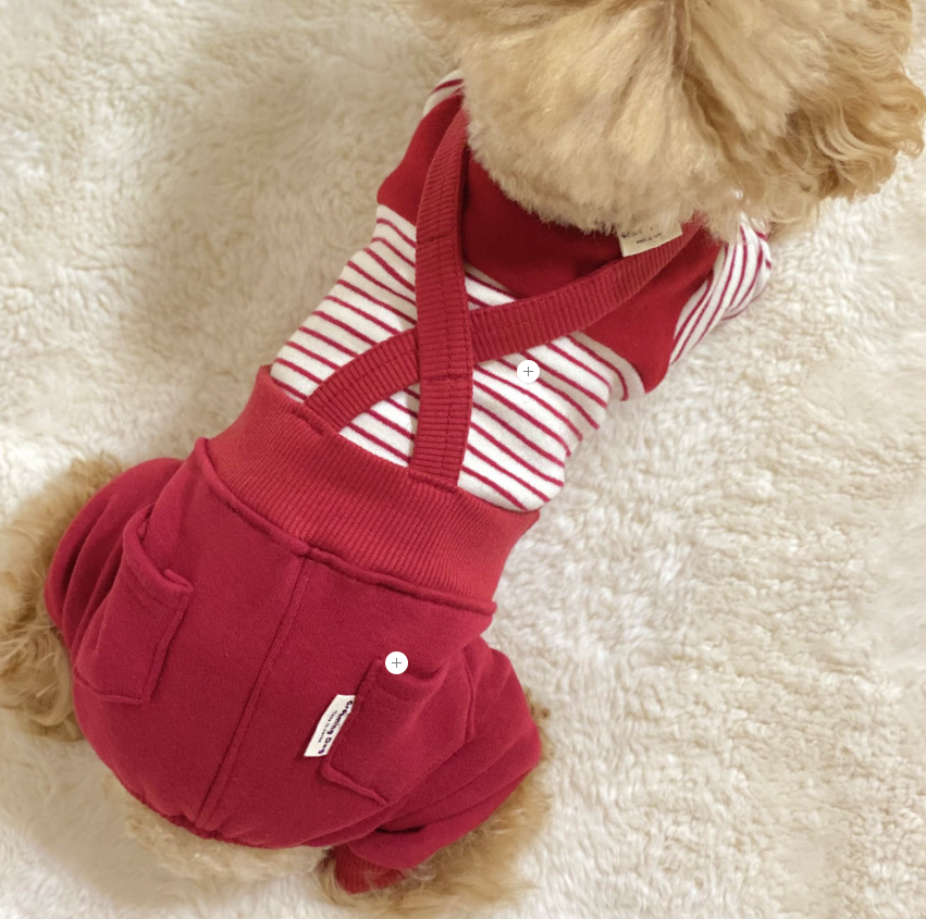 NKpup red fleece dog suspender overalls with red and white striped shirt