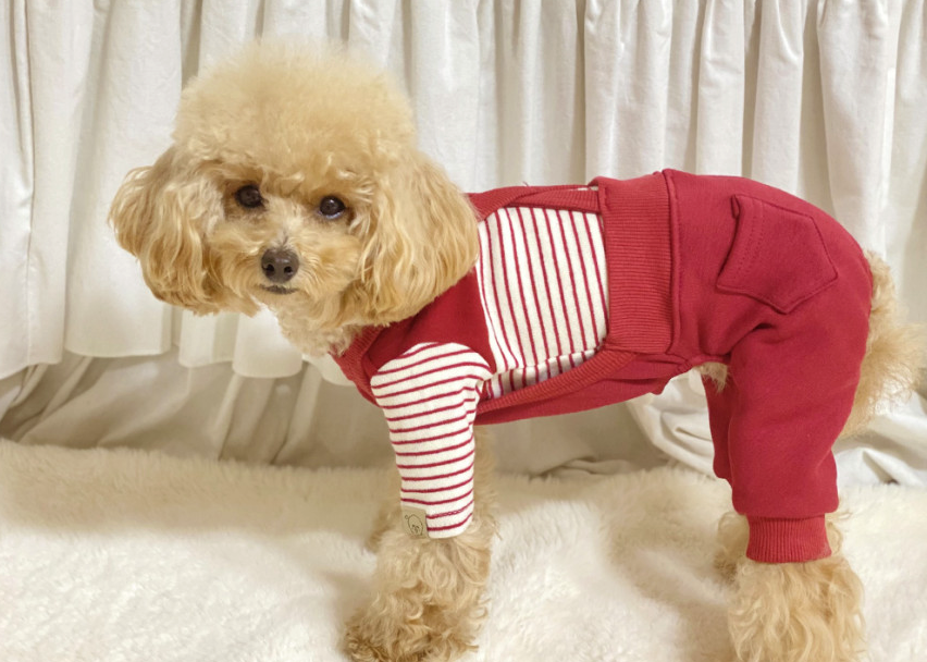 NKpup red fleece dog suspender overalls with a red and white striped shirt