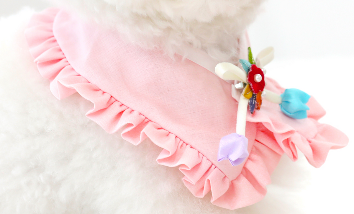 Pink ruffle pet hanbok cape by NKpup with colorful norigae ornament