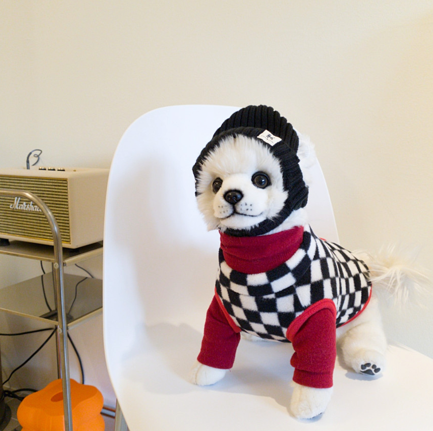 NKpup checked fleece dog vest in black and white pattern with red trim and matching hat.