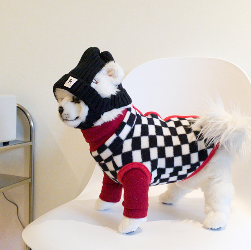 NKpup checked fleece dog vest in black and white with red trim and a matching black knit hat