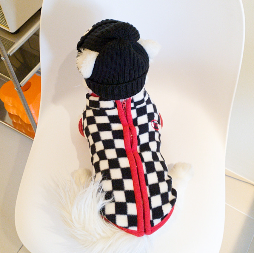 NKpup black and white checked fleece dog vest with red trim and matching black beanie