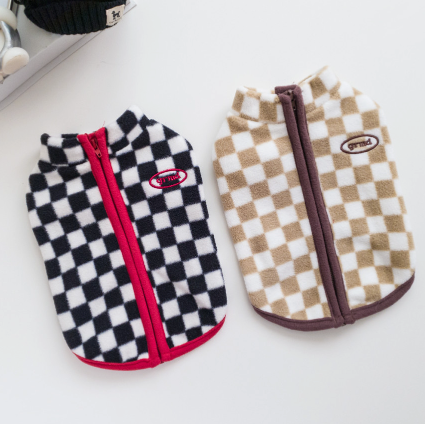 NKpup checked fleece dog vests in black and white and tan and white checkered patterns.