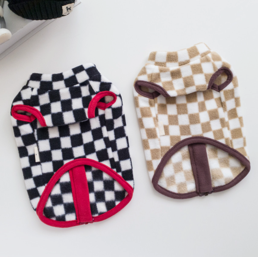 NKpup Checked Fleece Dog Vests in black and white and beige and white checkerboard patterns.
