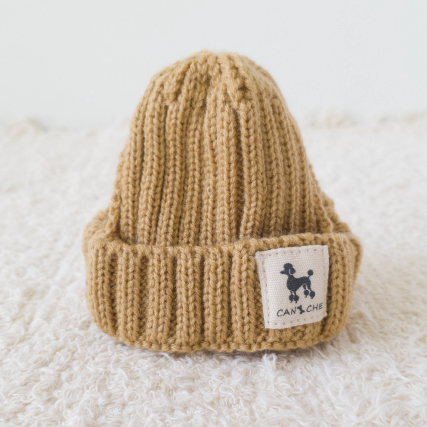 NKpup tan ribbed cuff dog beanie with a poodle logo patch