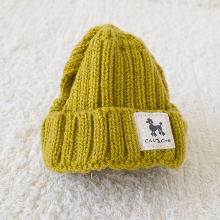 Olive green ribbed cuff dog beanie by NKpup with a small logo patch