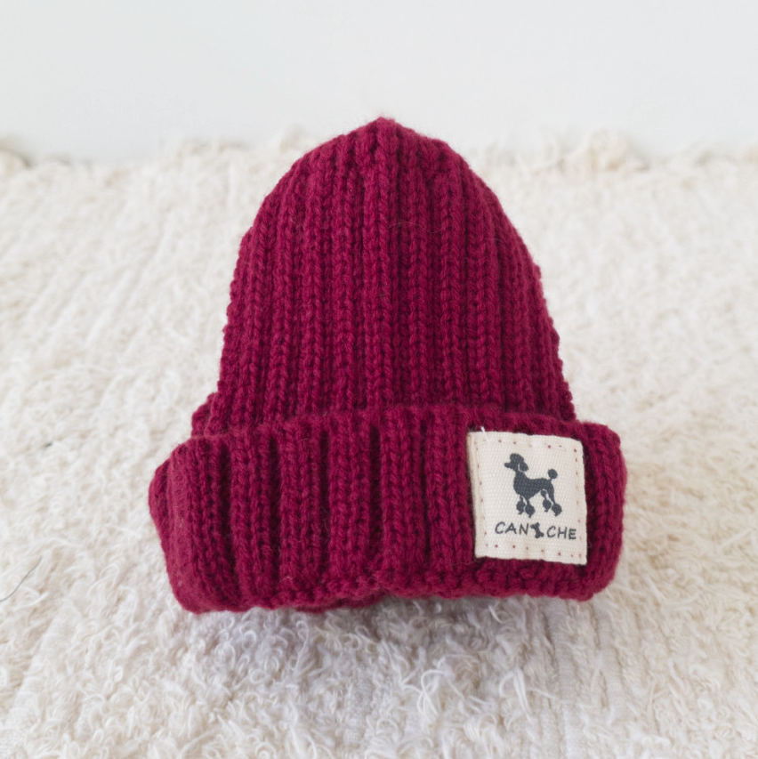 NKpup ribbed cuff dog beanie in burgundy with a small decorative patch