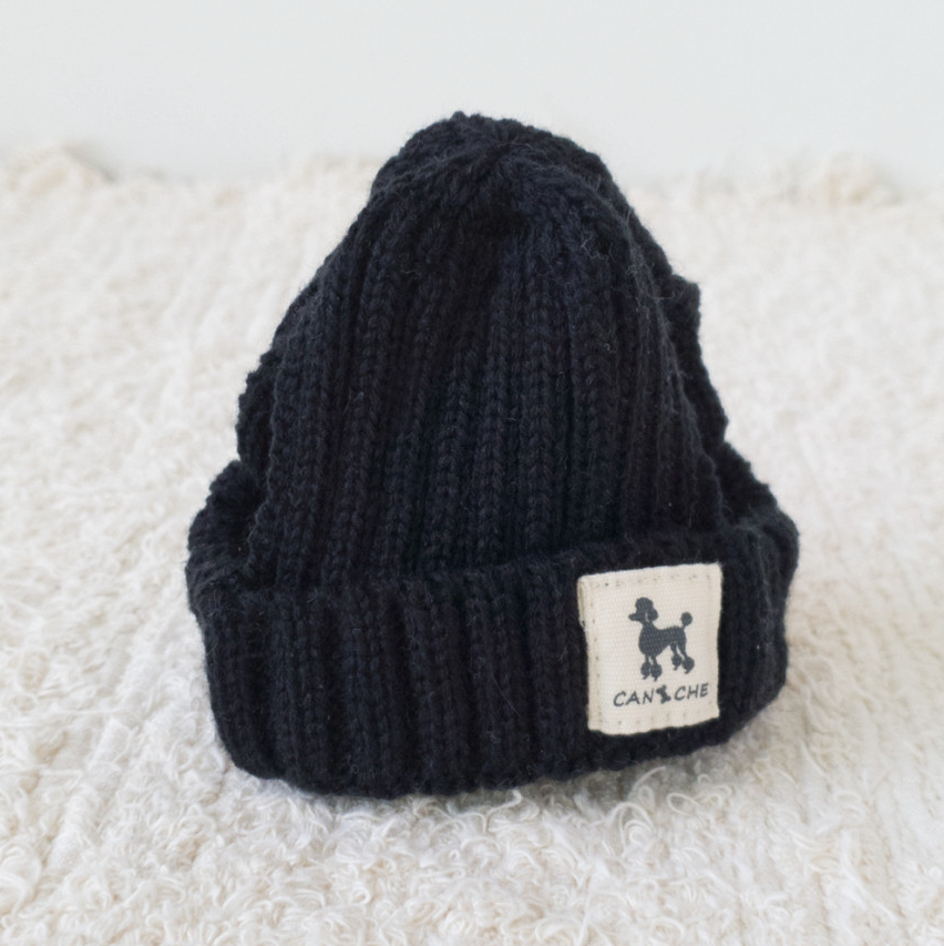 NKpup black ribbed cuff dog beanie with a small white dog logo patch.