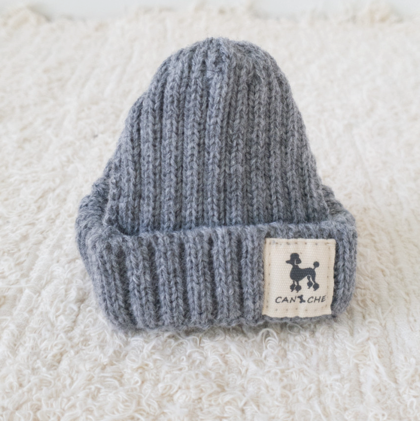 NKpup grey ribbed cuff dog beanie with a small poodle graphic patch