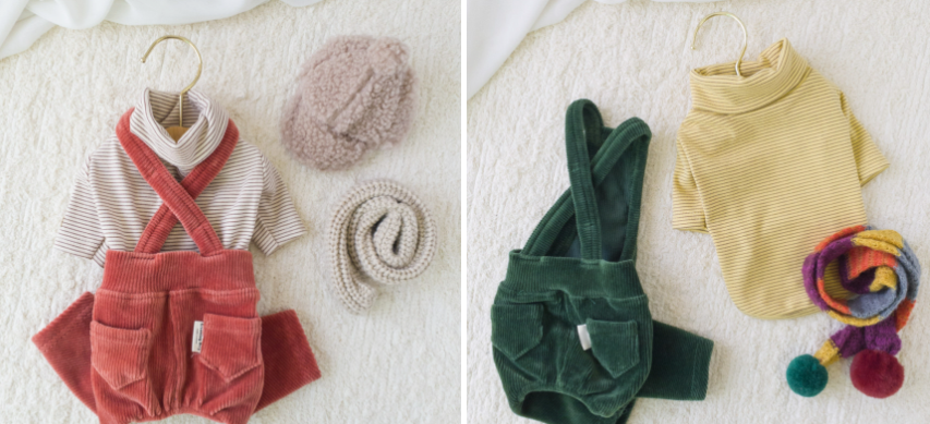 Set of corduroy dog suspender overalls with matching turtleneck shirts and accessories in dusty rose and forest green.