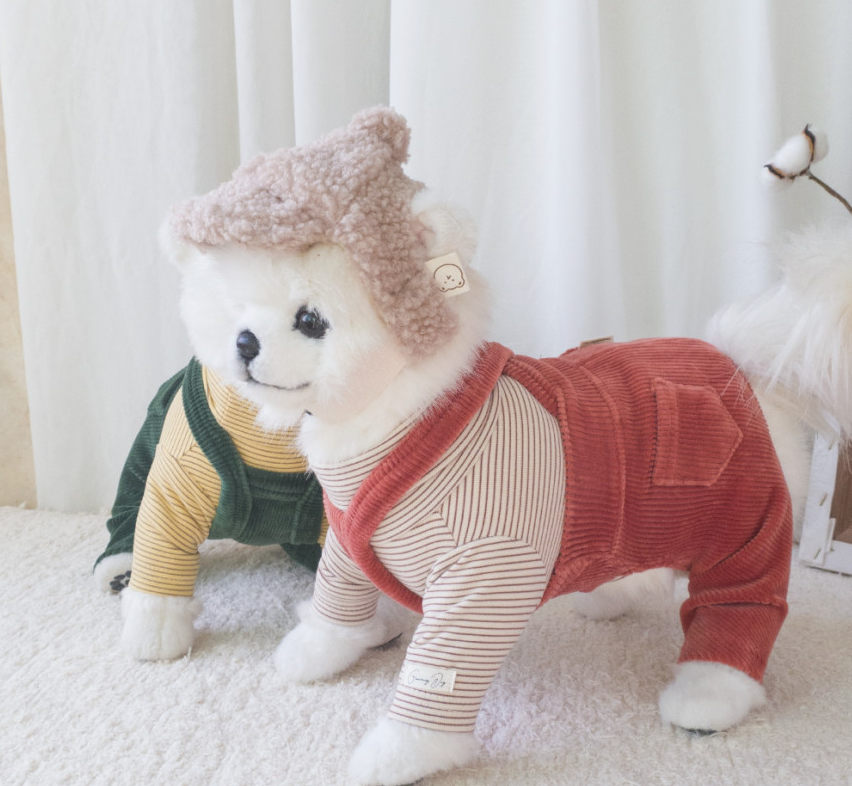 NKpup corduroy dog suspender overalls in reddish-brown and striped pattern.