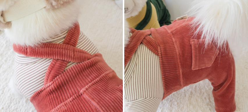 Pink corduroy dog suspender overalls with striped undershirt