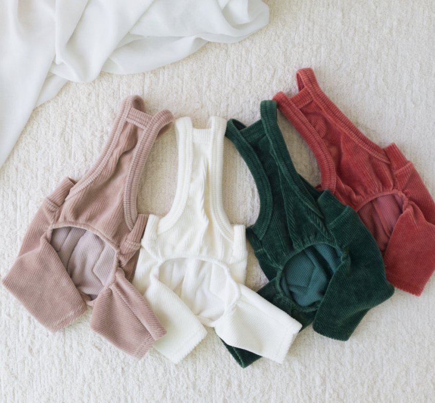 NKpup corduroy dog suspender overalls in beige, white, dark green, and red