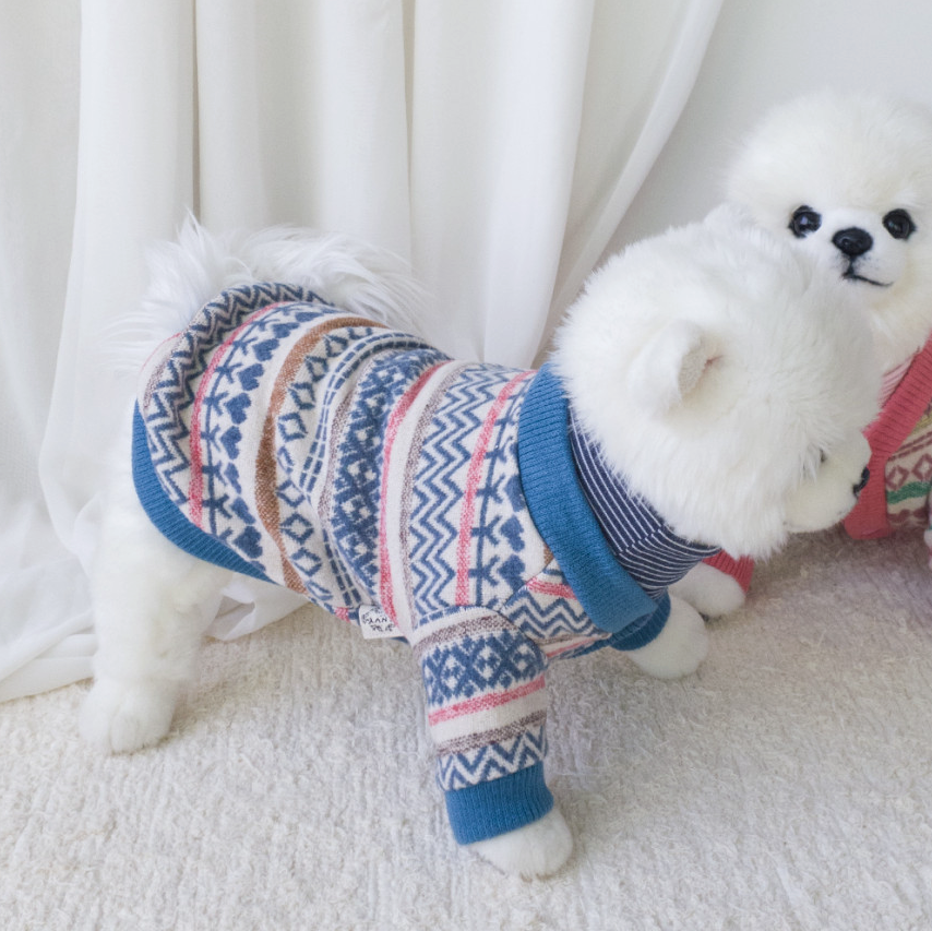 NKpup Jacquard knit dog cardigan in blue, pink, and beige patterned design