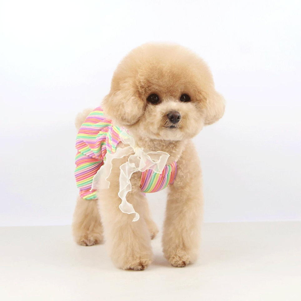 Bali Ribbon Dog Overall featuring colorful pink and green stripes with a white ribbon detail
