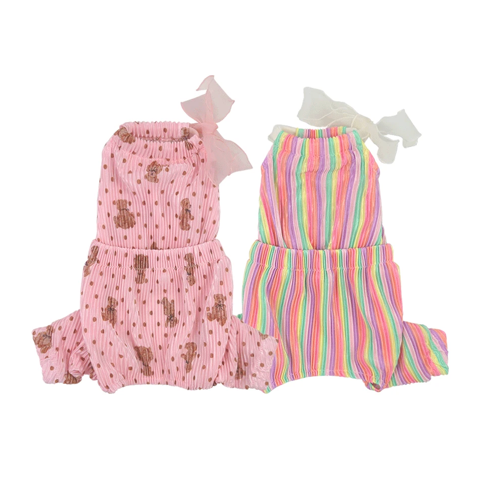 Bali Ribbon Dog Overall in pink bear print and rainbow striped patterns
