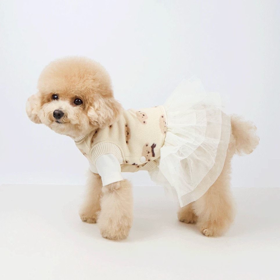 Cream Puppy Knit Dog Vest with white tulle ruffle detail